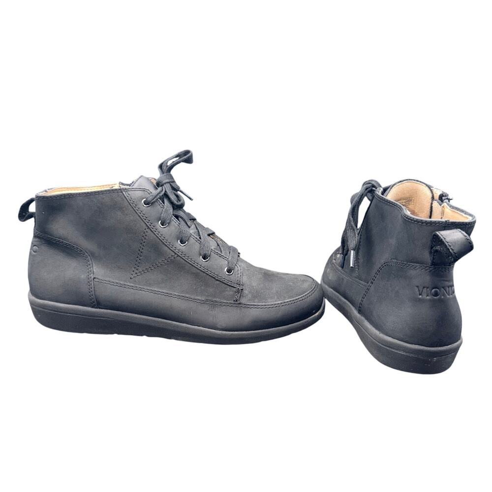Vionic Shawna Black Leather Ankle Boots Women’s 9 Lace Up Zip Comfort